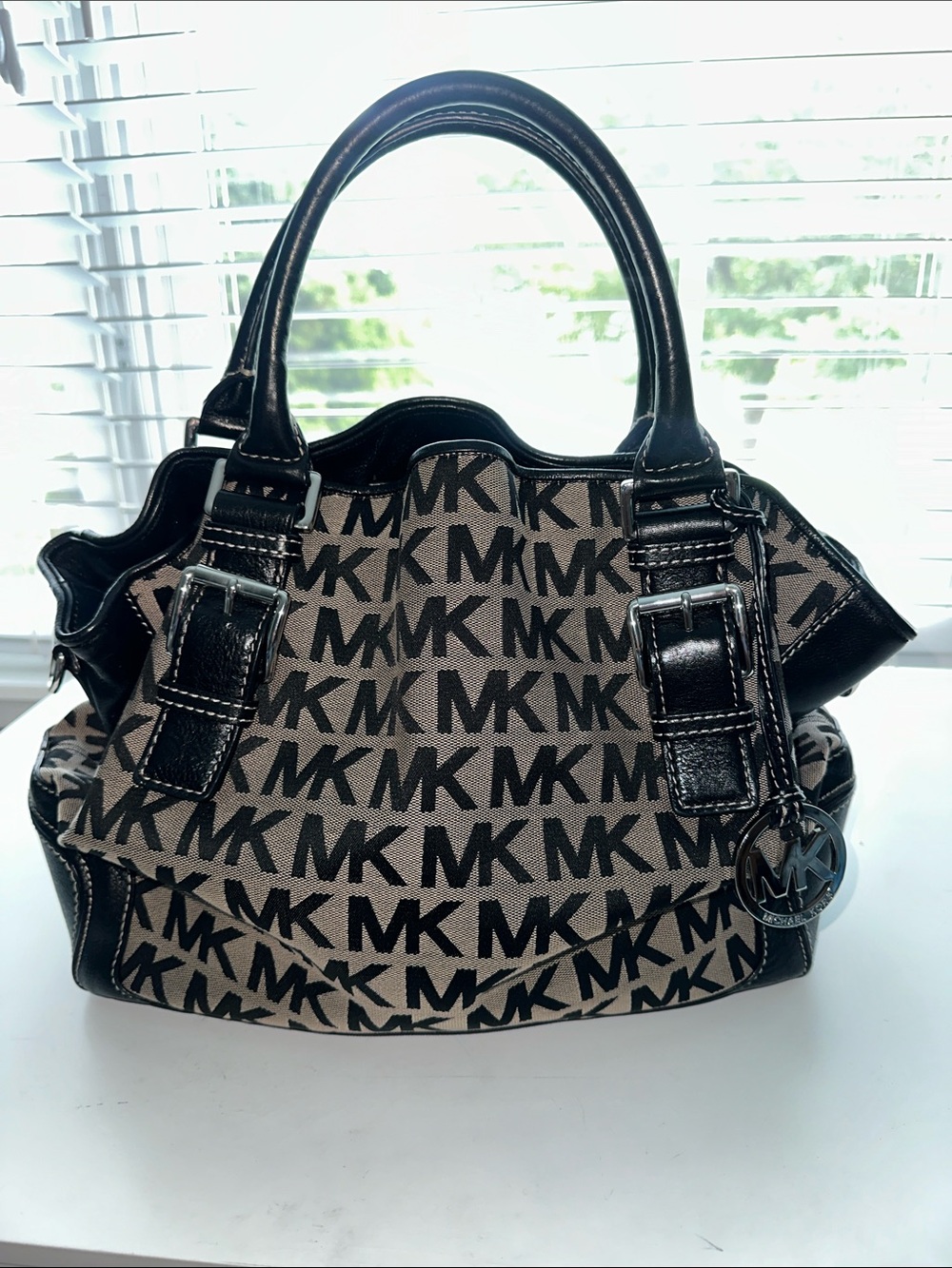 Michael Kors Black and Beige MK Logo Satchel